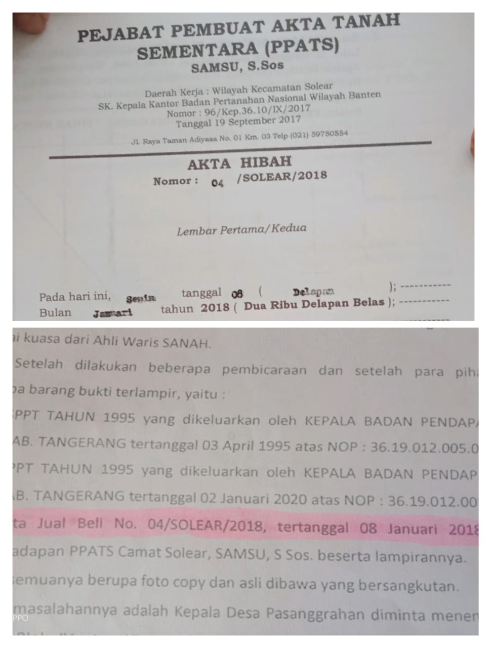 Diduga Telah Terjadi Pemalsuan Dokumen atau Dokumen Ganda Terkait AJB No 04/Solear/2018 dan Akta Hibah No 04/S