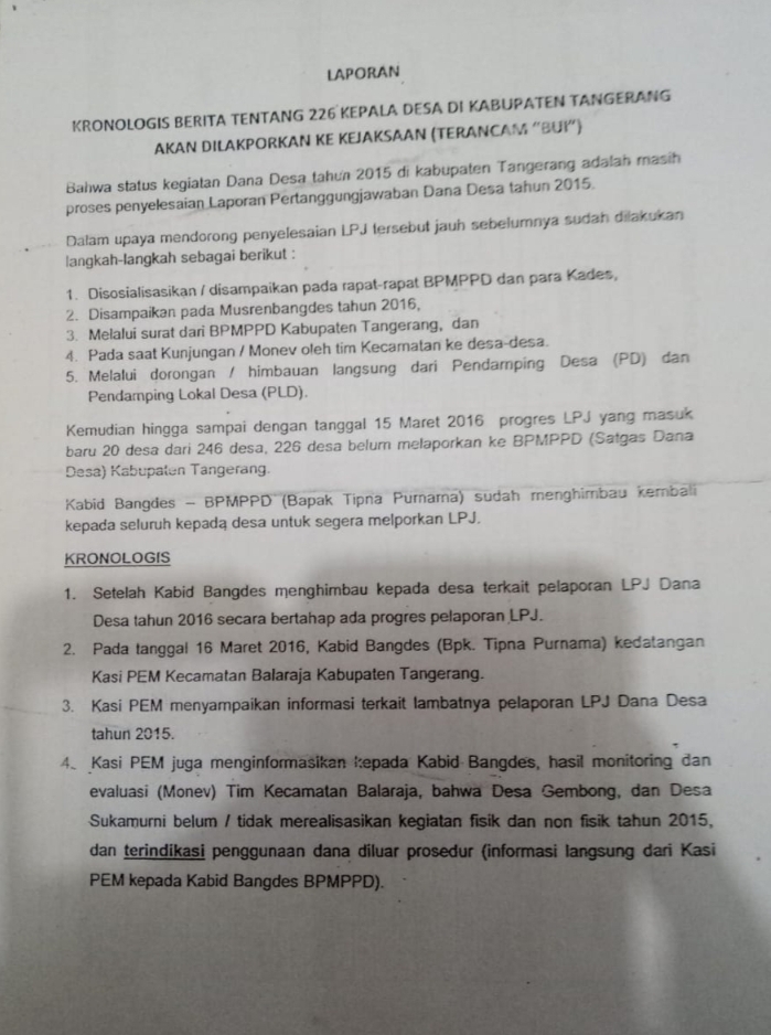 Banyaknya Laporan Dugaan Korupsi Dana Desa/BLT-DD Di Kabupaten Tangerang Hanya Sebatas Menjadi Arsip” Ke