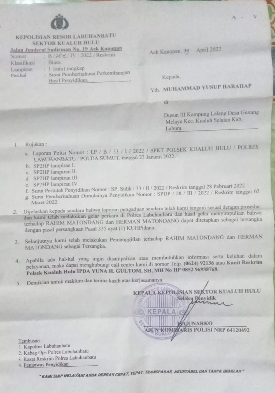 Polsek Kualuh Hulu Belum Tahan 2 Pelaku Pengancaman Terhadap Wartawan