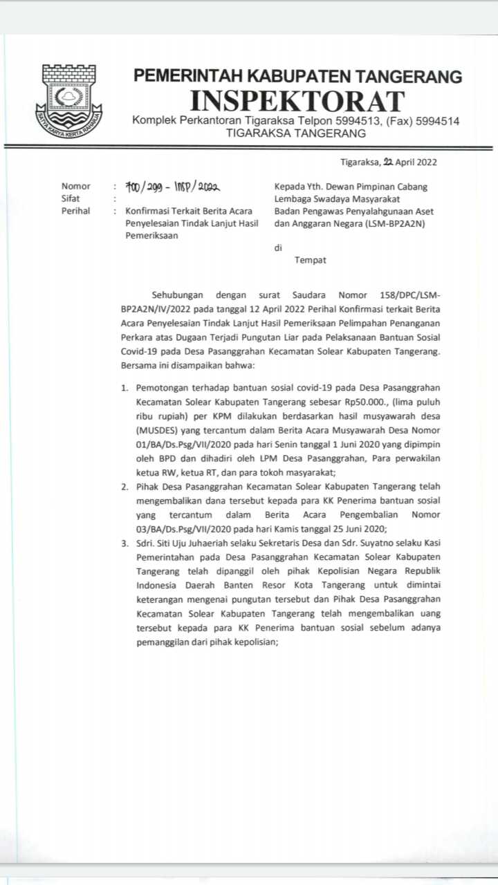 Ahmad Suhud Direktur Eksekutif Lembaga BP2A2N, tidak puas terkait surat jawaban dari Inspektorat Kab, Tangeran