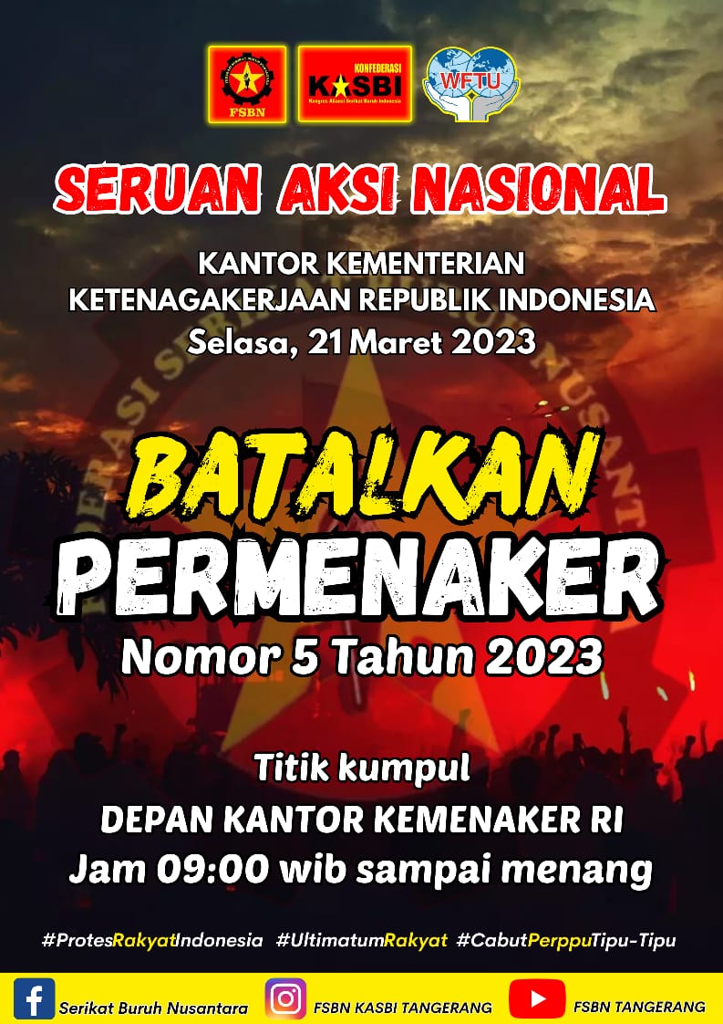 Pernyataan Sikap Konfederasi KASBI, Tolak PERMENAKER NO.5 TAHUN 2023, Tolak Pemotongan 25% Upah Buruh Industri