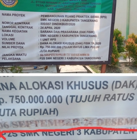 Ada Yang Aneh Dengan Papan Proyek Pembangunan Ruang Praktek Siswa ( RPS ) SMKN 3 Kabupaten Tangerang