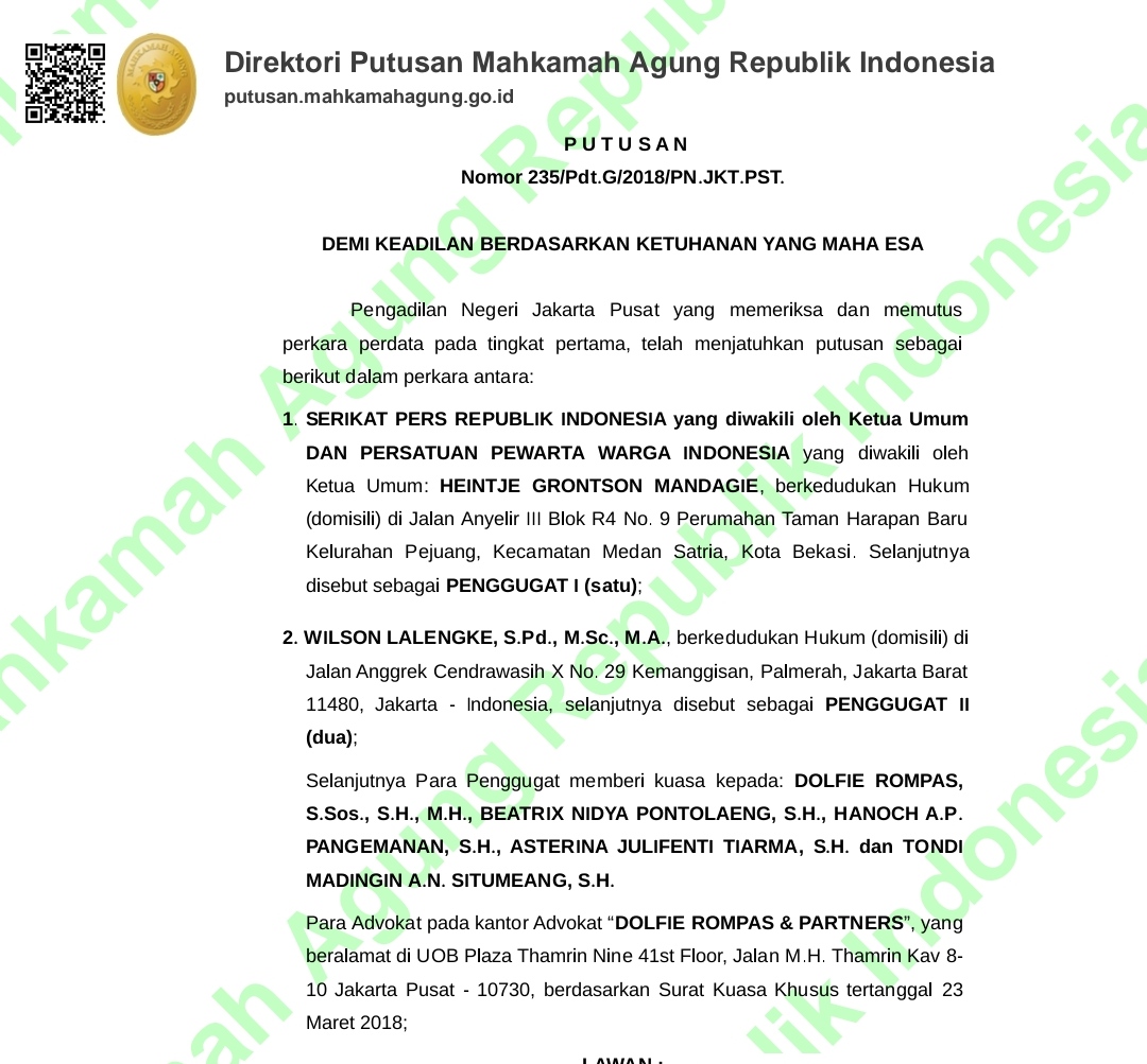 Sekedar mengingatkan, ini keterangan Kuasa Hukum Gugatan PMH Dewan Pers, Dolfie Rompas,SH, MH pada tahun 2019 