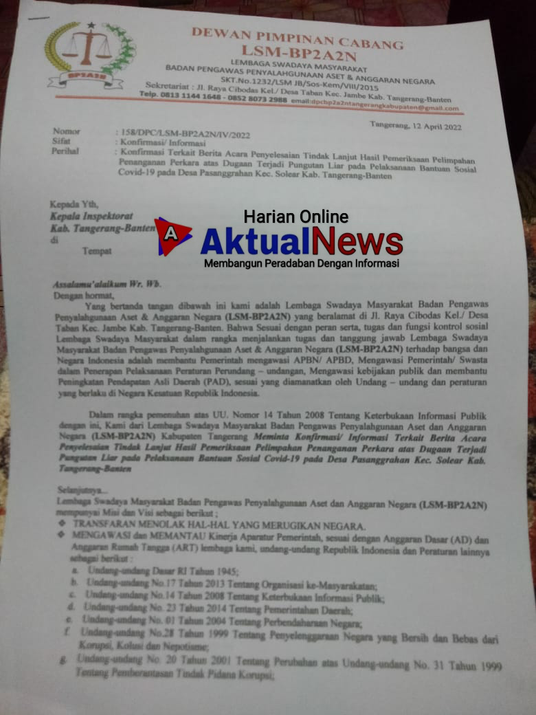 Kali Ini Inspektorat Kab, Tangerang Menjadi Sorotan LSM BP2A2N, Terkait Berita Acara Penyelesaian Tindak Lanju