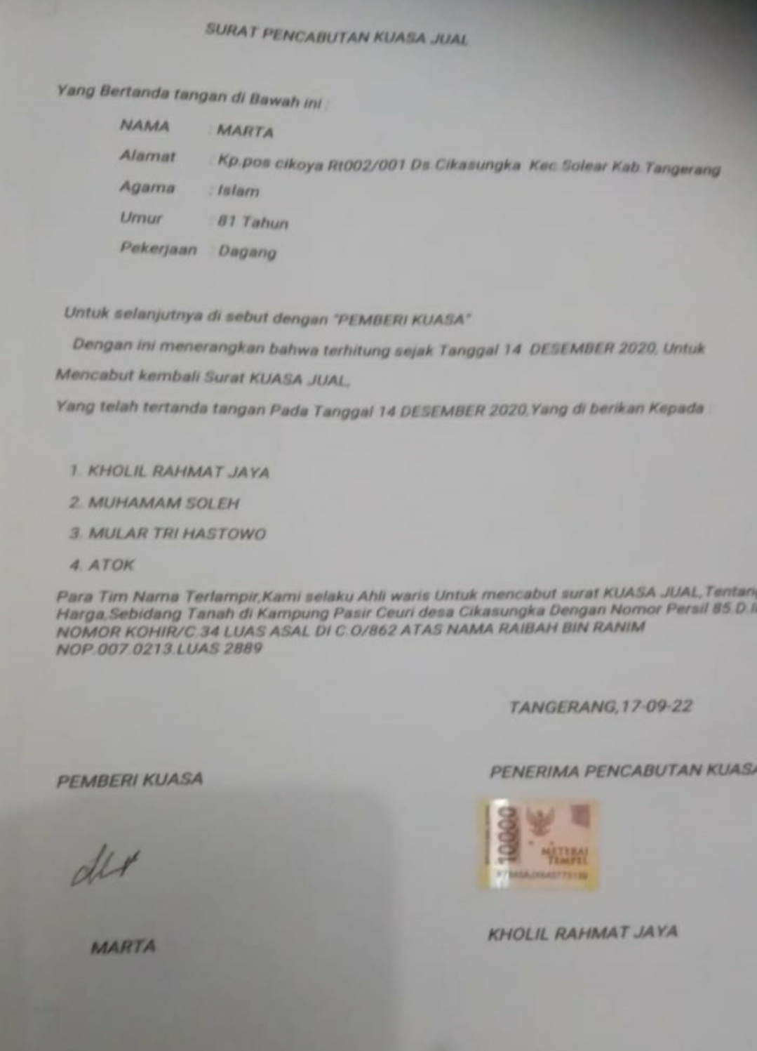 Mular Salah Satu Penerima Kuasa Akan Menggugat Marta, Terkait Surat Kuasa Jual Sebidang Tanah