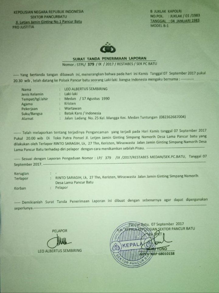 Laporan Pengancaman 2 Tahun “Berkarat” , Kapolsek Pancur Batu Tutup Mata !