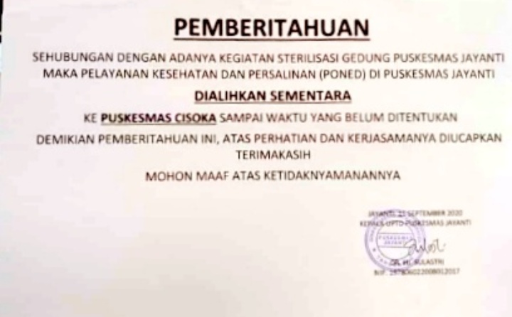 Puskesmas Jayanti hentikan Pelayanan Kesehatan setelah seorang Bidannya terpapar Covid-19